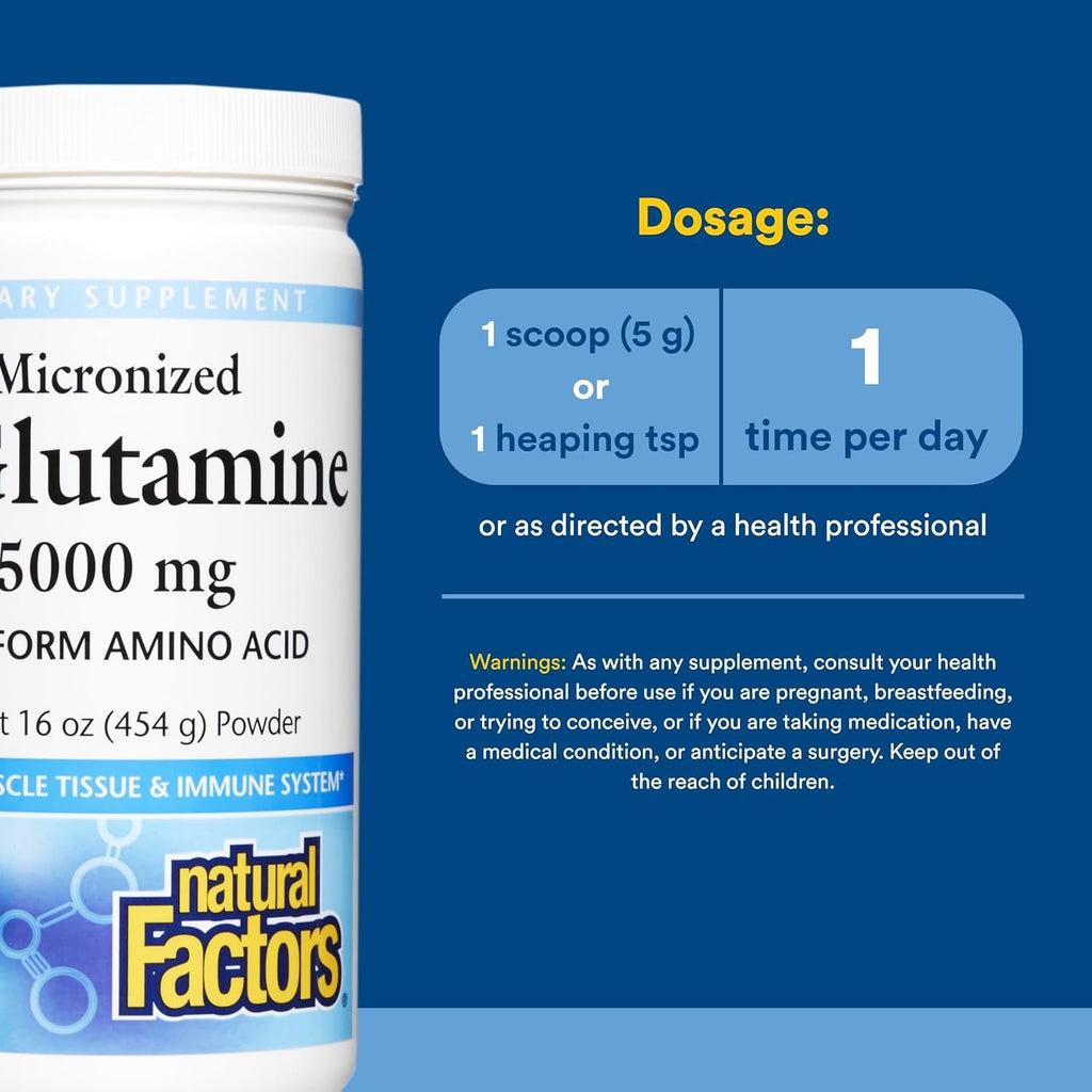 Natural Factors Micronized L-Glutamine 5,000 Mg Powder - Easy Absorption Gut Health Support Supplement - Powder Amino Acid Supplement Supports Muscle Recovery - 16 Oz (90 Servings)