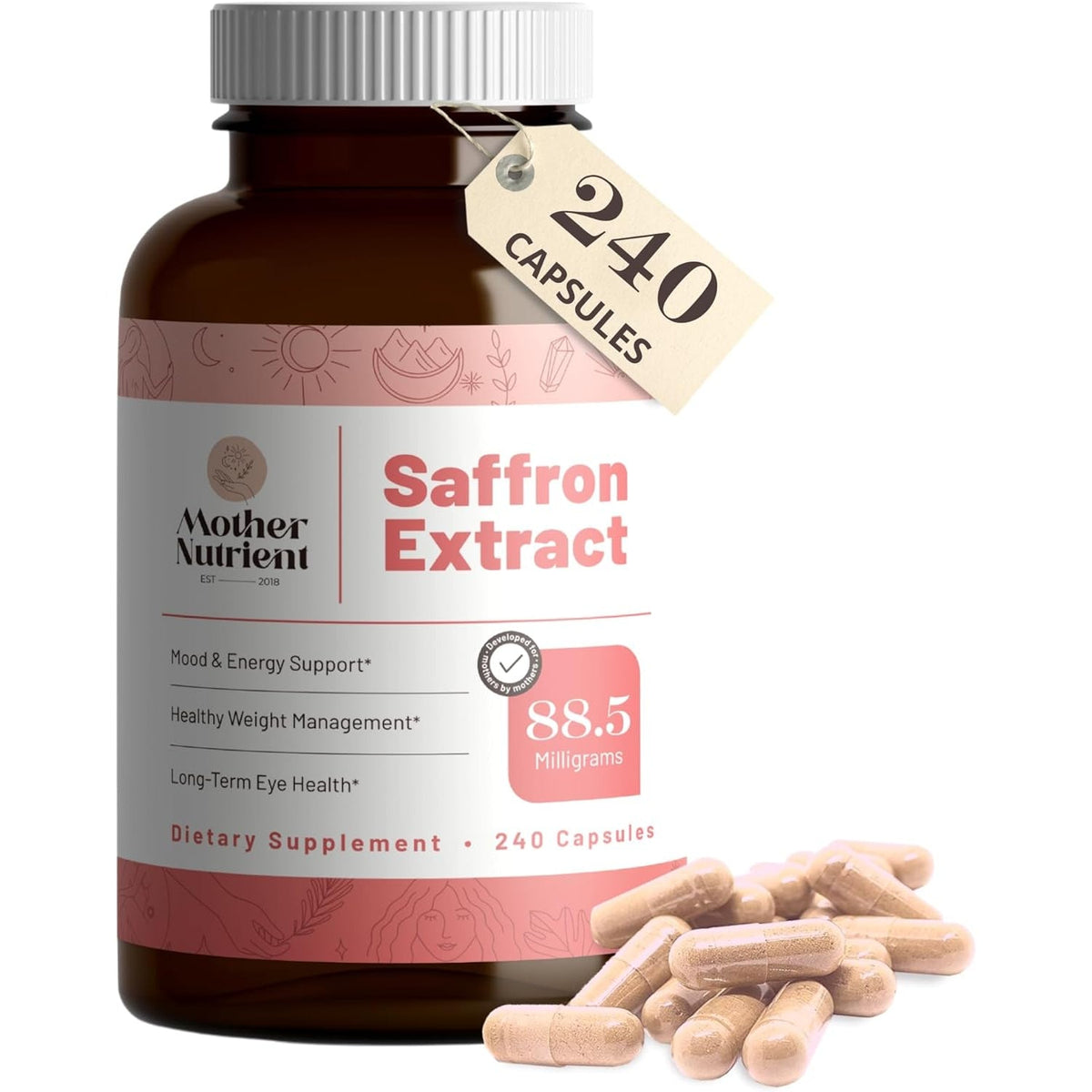 Mother Nutrient - Saffron Extract Supplements for Women & Men, Pure Saffron Extract Supplement, Pure Crocus Sativus - Non-Gmo, Vegan-Friendly, 88.5Mg per Serving - 240 Veggie Capsules, 7-Month