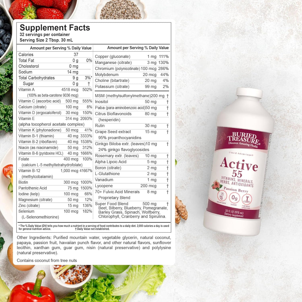 Buried Treasure Active 55 plus - 32 Serv, Liquid Multivitamin for Seniors, Vegan, Sugar-Free, Natural Immune Support, Vitamins & Super-Foods Blend