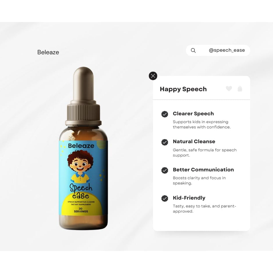 Speech Ease Kids Supplement – Natural Speech Support Drops with Vitamin B12, Folate & Vitamin D | Heavy Metal Cleanse for Brain Health, Communication & Confidence | Gluten-Free, Non-Gmo, Made in USA