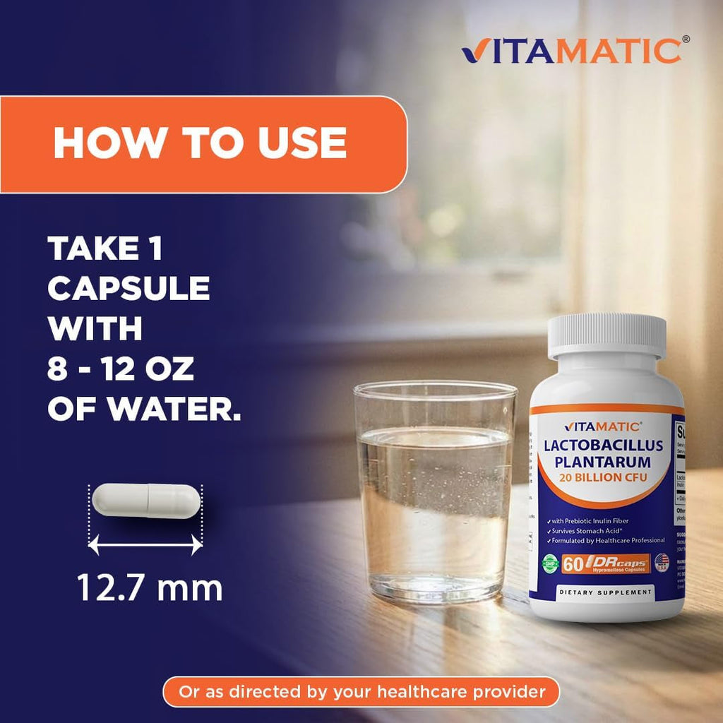 Vitamatic Lactobacillus Plantarum - 20 Billion per DR Capsule - 60 Count - Digestive Support - Made with Prebiotic Inulin Fiber