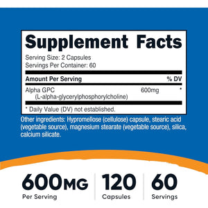Nutricost Alpha GPC 600Mg, 120 Vegetarian Capsules - Non-Gmo and Gluten Free, 300Mg per Capsule