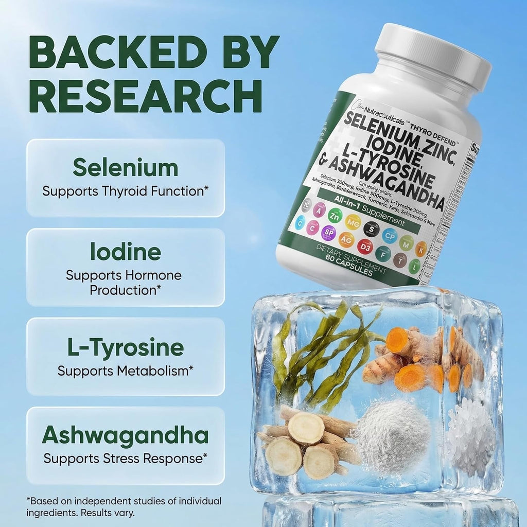 Clean Nutra Selenium 300Mcg Iodine 500Mcg Thyroid Support for Women & Men | L Tyrosine 500Mg Ashwagandha Supplement Bladderwrack, Turmeric, Kelp, Schisandra Zinc Pills Capsule Supplements