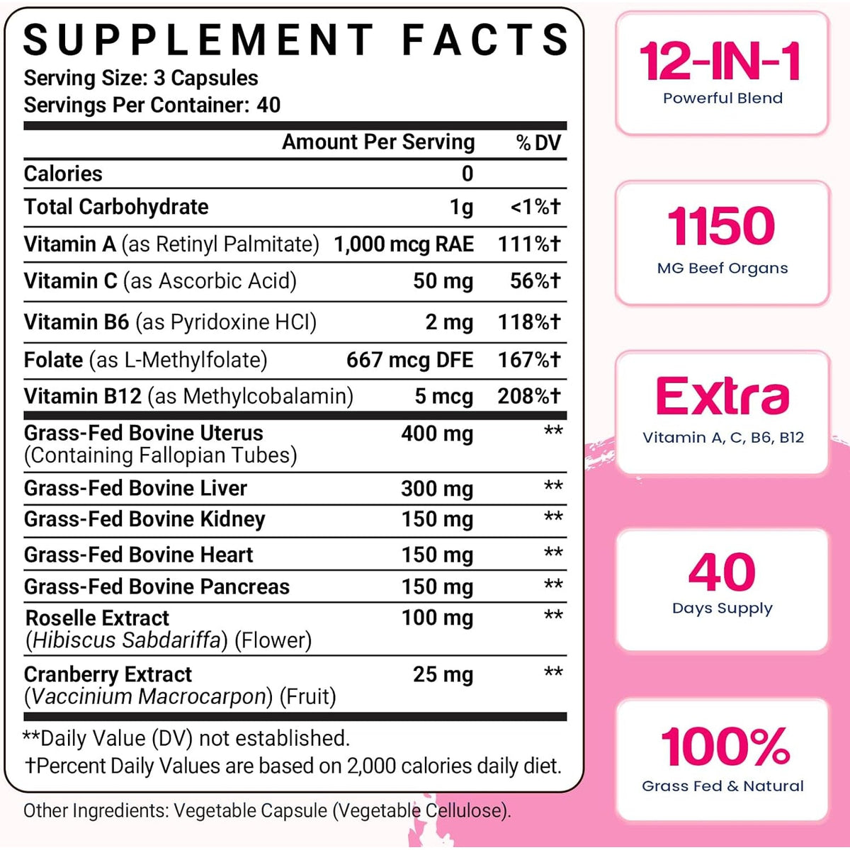 12-In-1 Beef Organ Supplement for Women - Beef Liver, Uterus, Kidney, Heart, Pancreas, 5 Vitamins & 2 Herbs, Hormone Balance, Menstruation, Energy, Immune - 100% Grass Fed, Pasture Raise - 120 Caps