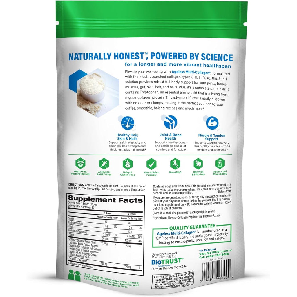 Biotrust Ageless Multi Collagen Peptides Powder - 5 Types (I, II, III, V, X) - Unflavored Collagen Powder for Women & Men - Hydrolyzed Protein - Grass Fed Beef, Fish, Chicken, Eggshell Membrane