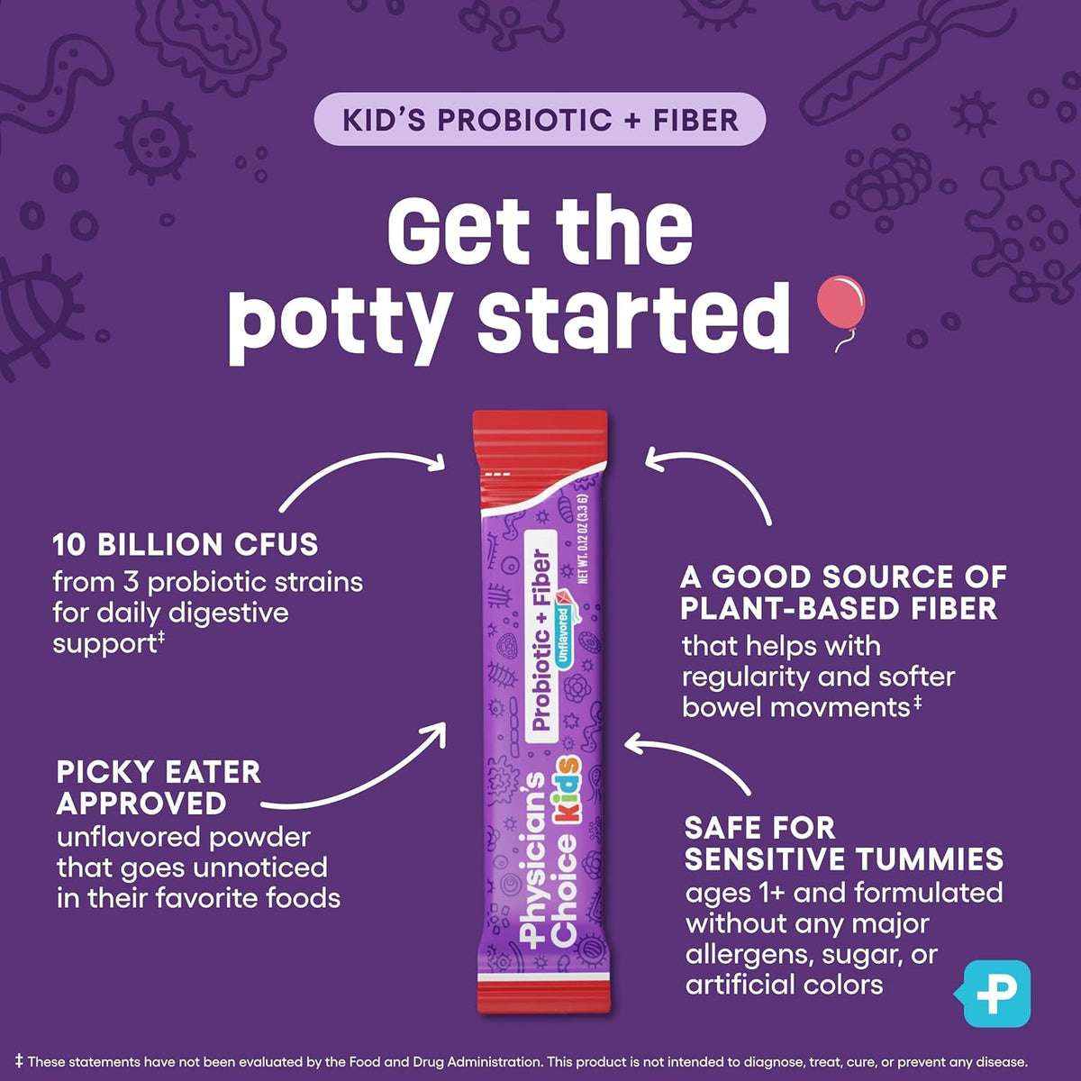 Physician'S Choice Kids Probiotic + Prebiotic Fiber Packets (Ages 1+) - Supports Regularity, Occasional Constipation & a Healthy Digestive System - No Allergens or Preservatives - Unflavored - 24 Pack