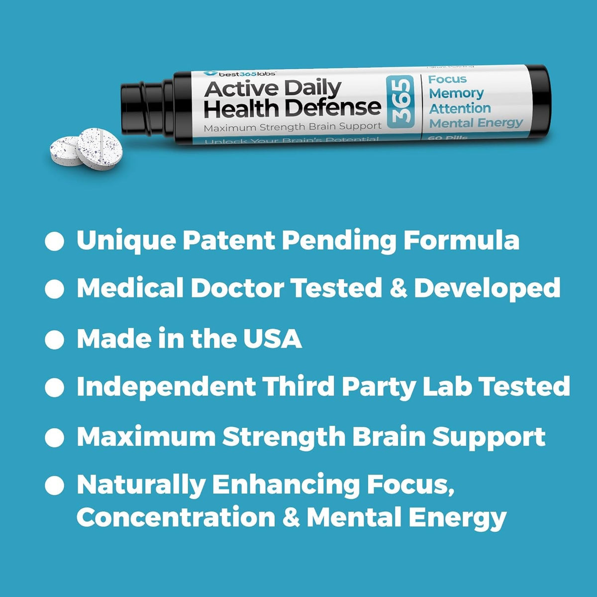 Best 365 Labs Maximum Strength Brain Support - Methylene Blue, Caffeine, and L-Theanine - Improve Focus and Memory - Unlock Your Brain’S Potential - 60 Tablets