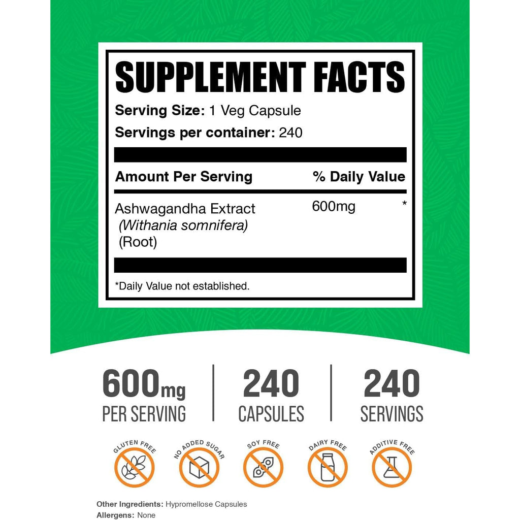 Bulksupplements.Com Ashwagandha Extract Capsules - Ashwagandha Extract, Herbal Supplement - Vegan & Gluten Free, 1 Capsule per Serving, 240 Count (Pack of 1)