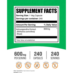 Bulksupplements.Com Ashwagandha Extract Capsules - Ashwagandha Extract, Herbal Supplement - Vegan & Gluten Free, 1 Capsule per Serving, 240 Count (Pack of 1)