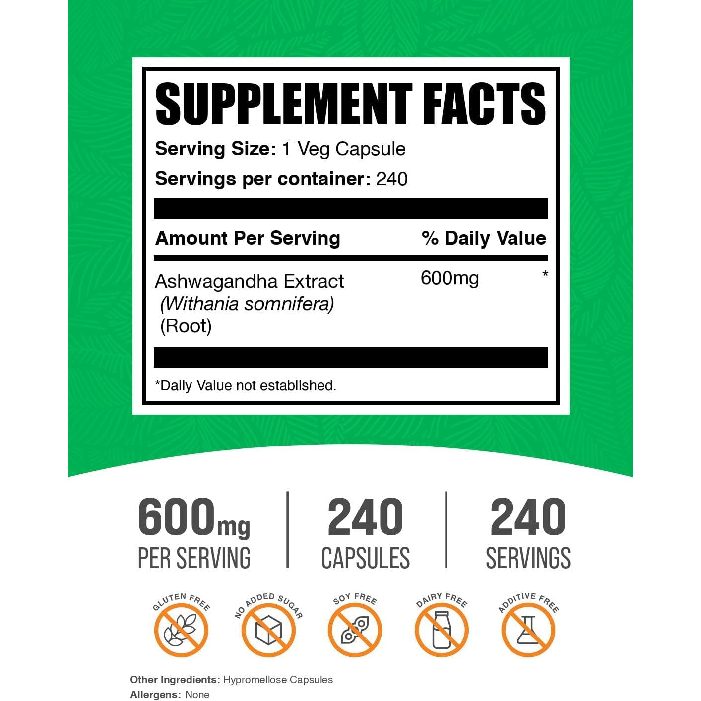 Bulksupplements.Com Ashwagandha Extract Capsules - Ashwagandha Extract, Herbal Supplement - Vegan & Gluten Free, 1 Capsule per Serving, 240 Count (Pack of 1)