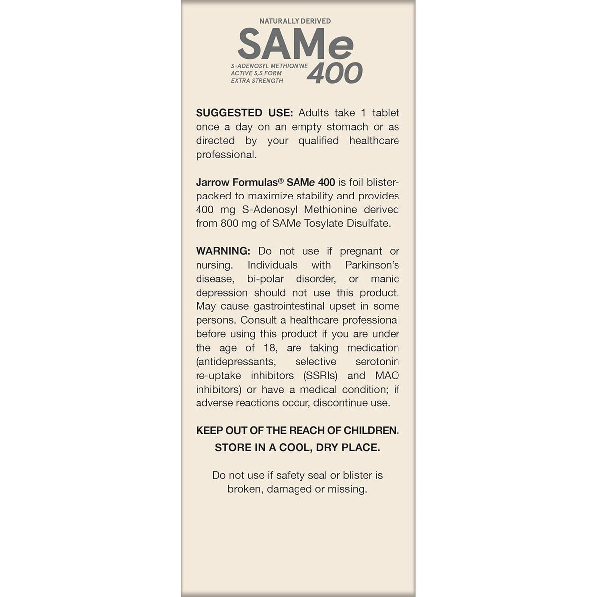 Jarrow Formulas Same Supplement 400 Mg - 60 Tablets - High Concentration of Active S,S Form - Supports Joint Health, Liver Function, Brain Metabolism, Balanced Mood & Antioxidant Defense - 60 Servings