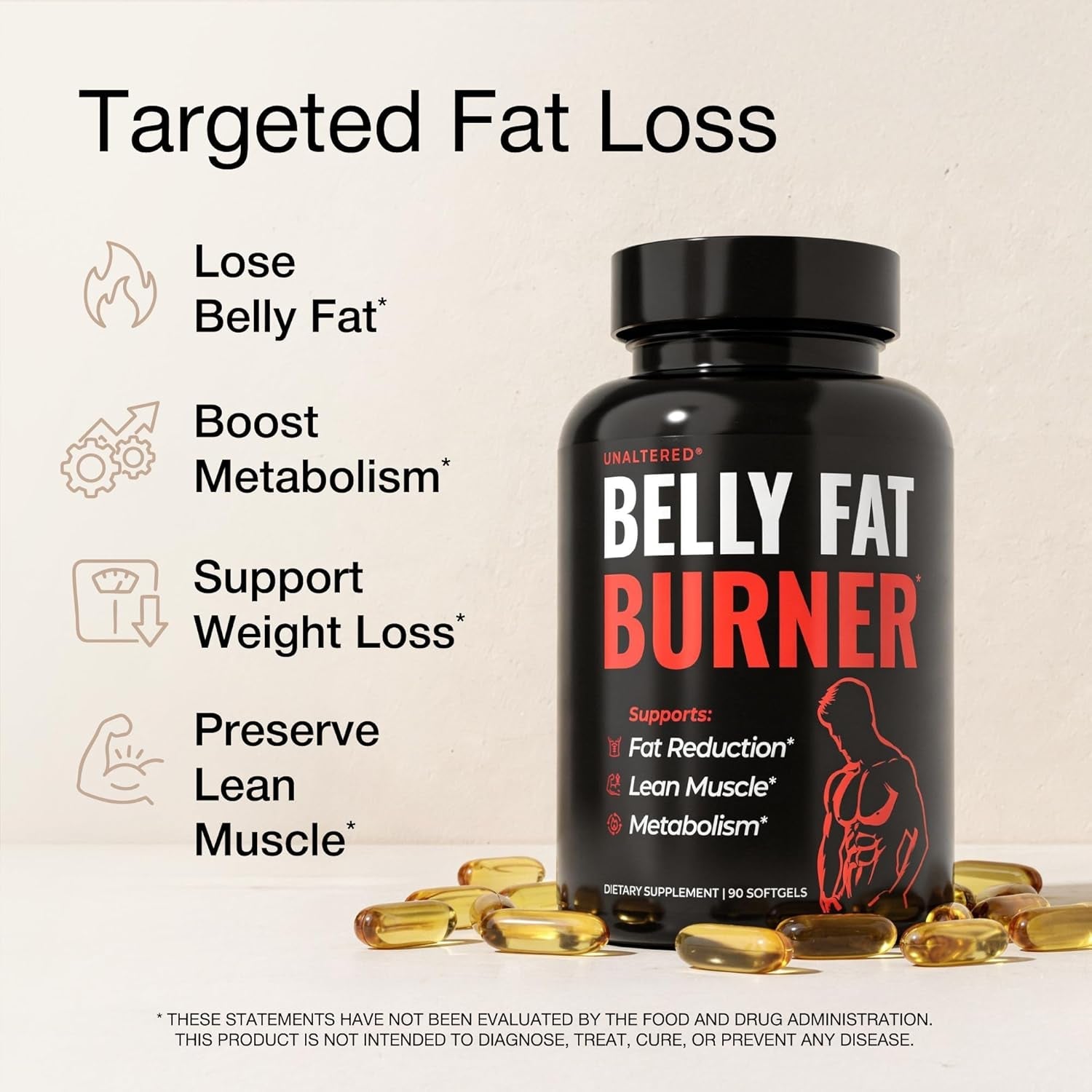 UNALTERED Belly Fat Burner for Men - Natural Weight Loss Pills to Support Reduced Body Fat, Preservation of Lean Muscle Mass, and a Healthy Metabolism - CLA Dietary Supplement - 90 Softgel Capsules