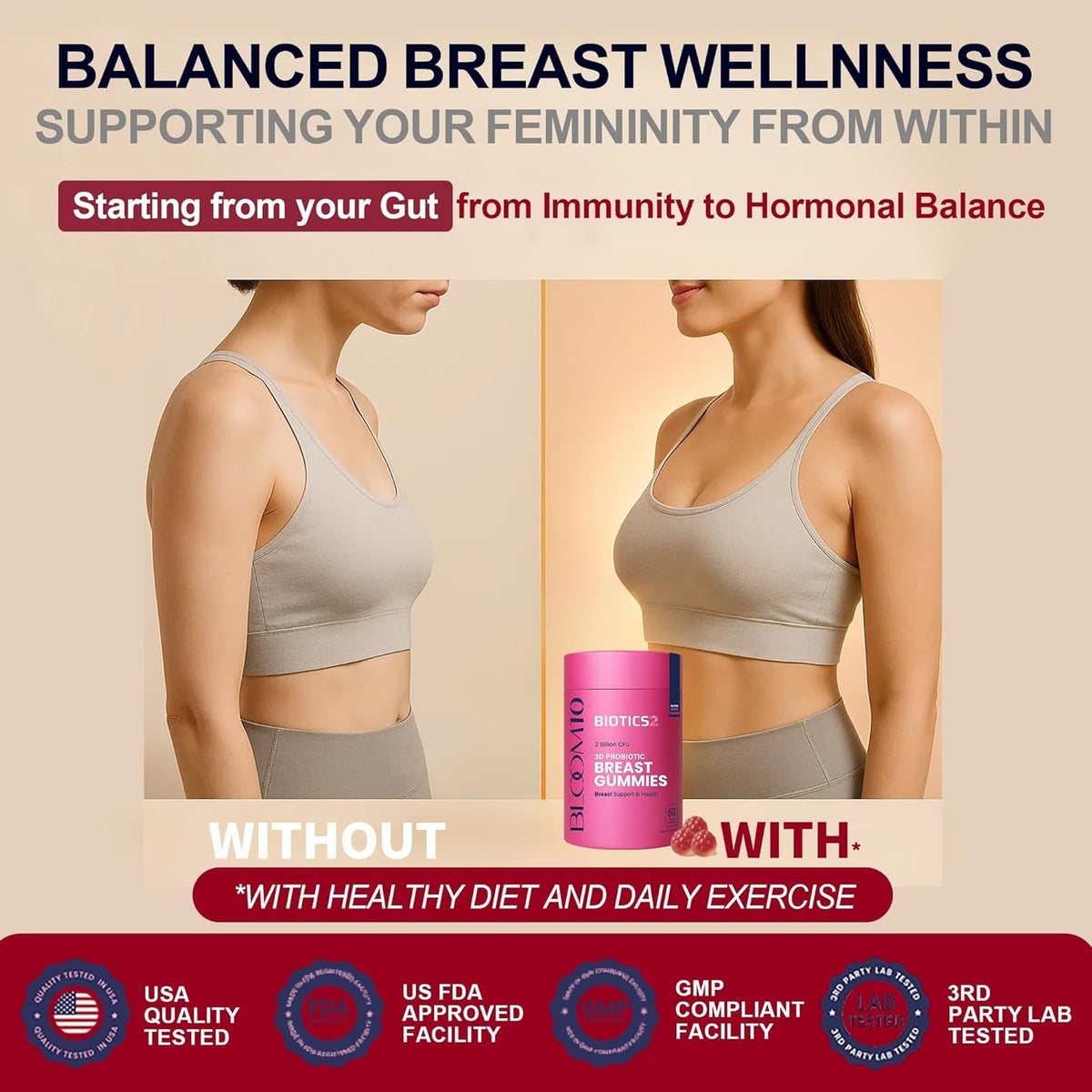 Bloom10 Breast Gummies for Women Bust Support & Health MAX Formula plus 2X Billion Probiotics 5X Herbal Supplements Fenugreek, Saw Palm, Wild Yam, 4X Vitamins for BBL Curves | Sugar-Free Vegan 60Ct
