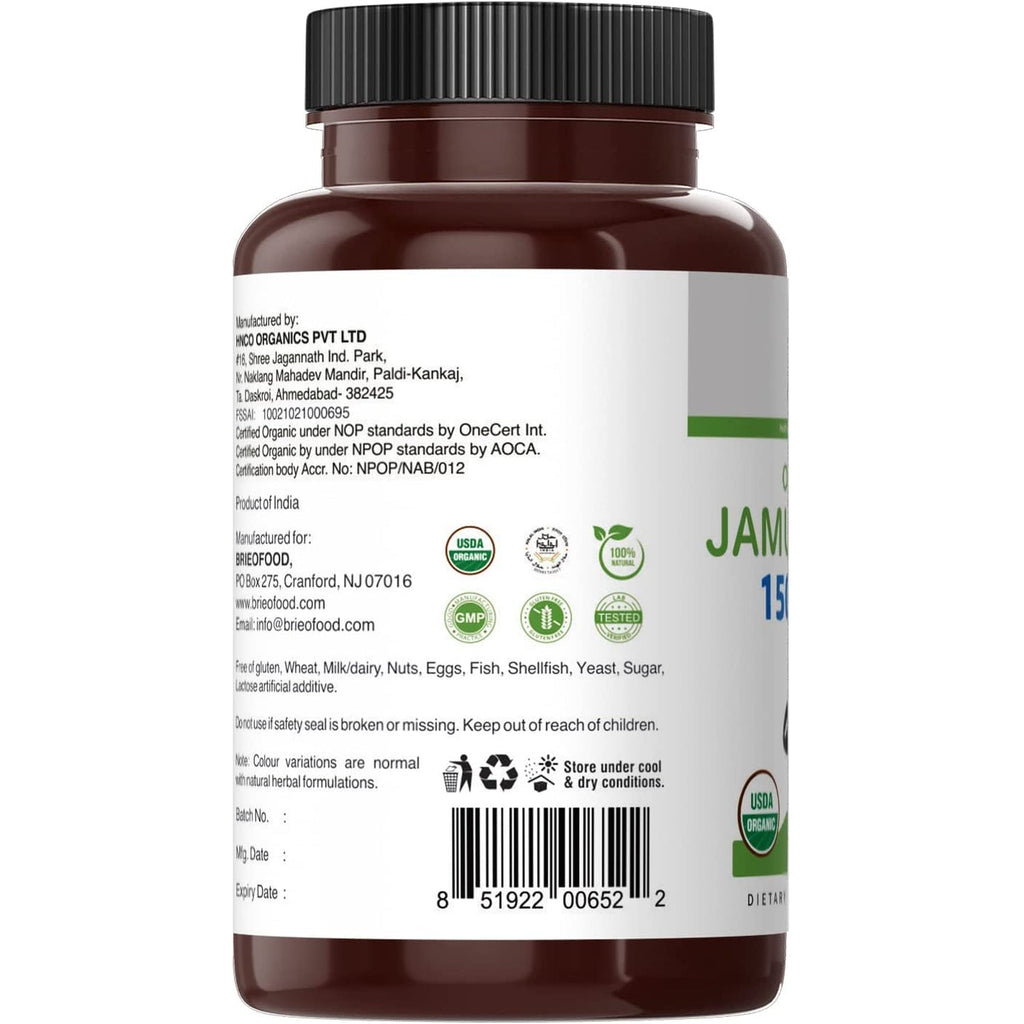 Brieofood Organic Jamun Seed 1500Mg, 45 Servings, Vegetarian, Gluten Free, 90 Vegetarian Tablets
