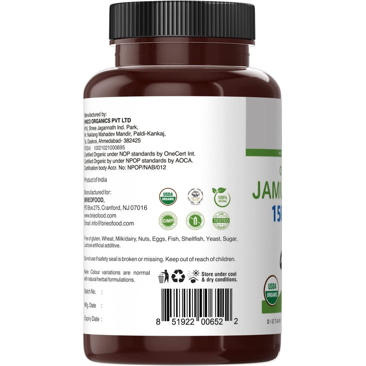 Brieofood Organic Jamun Seed 1500Mg, 45 Servings, Vegetarian, Gluten Free, 90 Vegetarian Tablets
