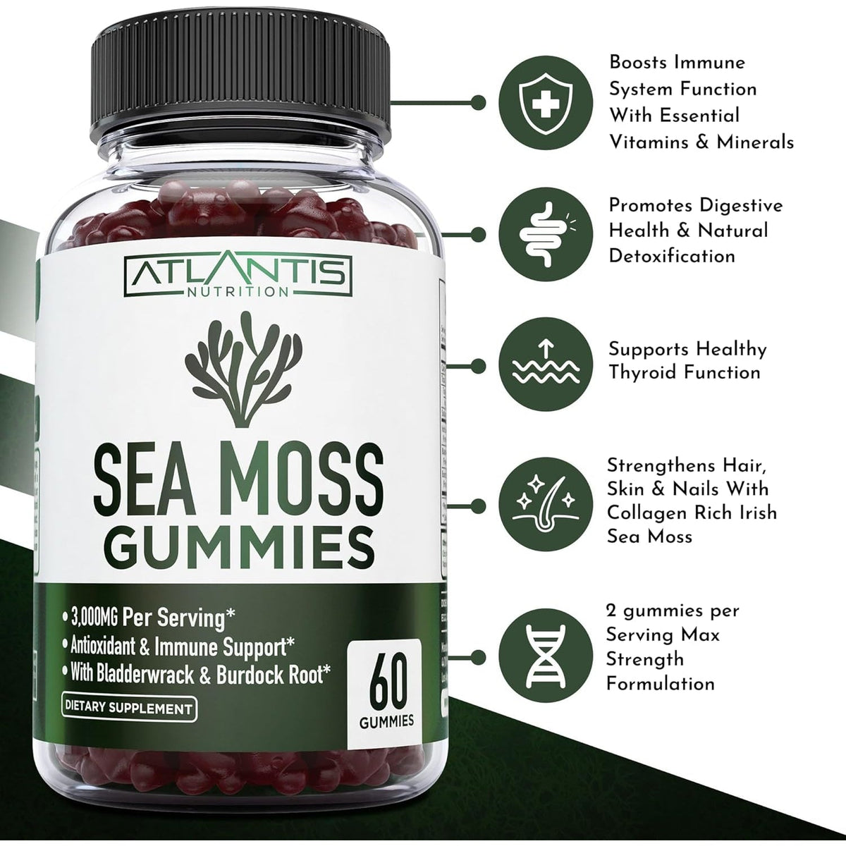 Irish Sea Moss Gummies - 3000MG - Formulated W/ Irish Sea Moss, Bladderwrack & Burdock Root, Contain Essential Vitamin & Mineral - Antioxidant-Rich Superfood Supplement, 60 Sea Moss Gummies for Adults