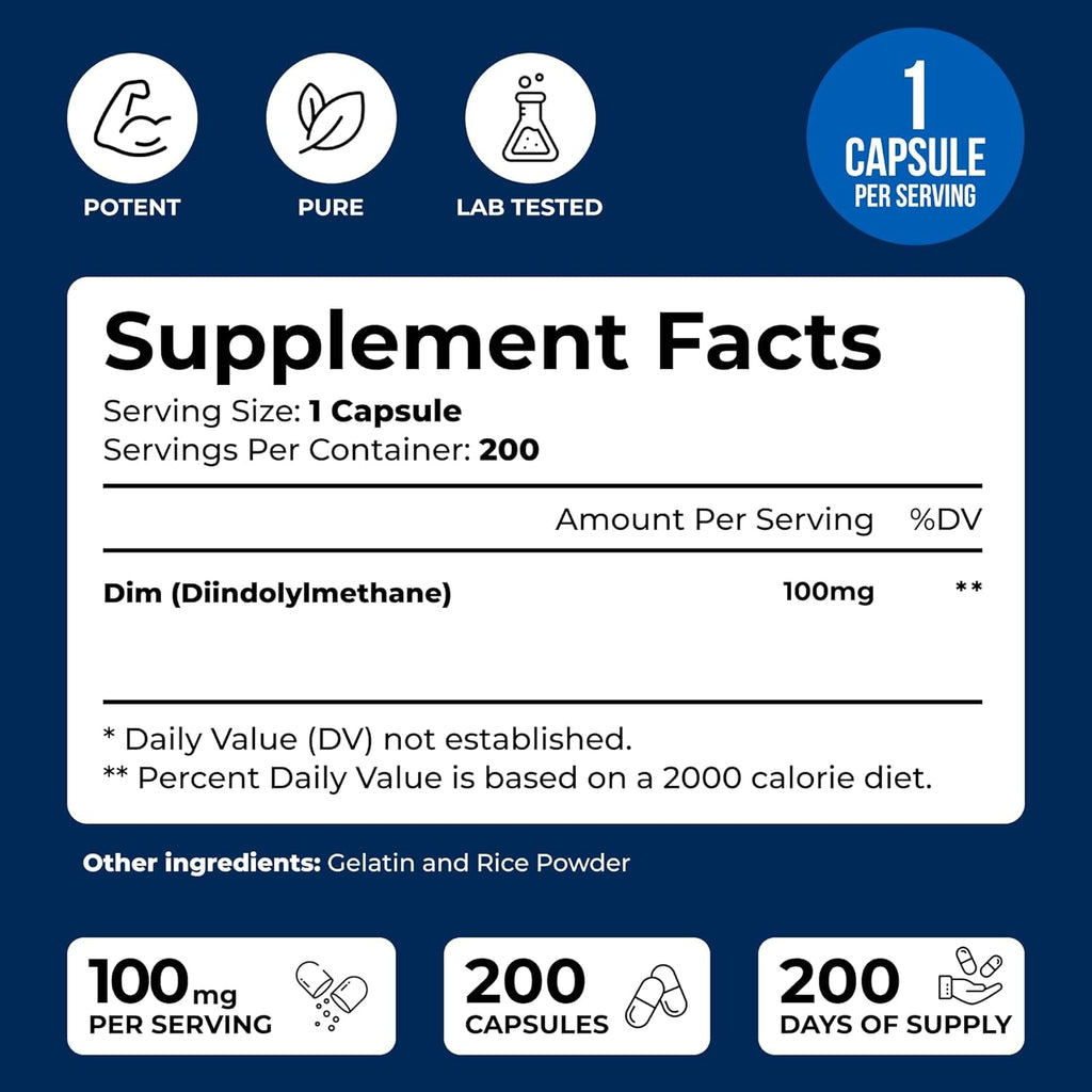 We like Vitamins DIM 100Mg 200 Capsules - 200 Day Supply - Diindolylmethane DIM Supplement for Support with Healthy Estrogen and Hormone Levels