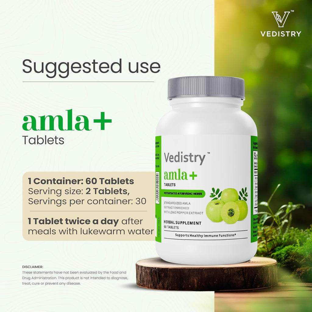 Vedistry Amla Supplement 1100Mg Indian Gooseberry Tablet with Long Pepper for Immunity & Energy Herbal Supplement Rich in Vitamin C & Antioxidant for Hair Growth, Energy & Overall Wellness– 60 Tablets