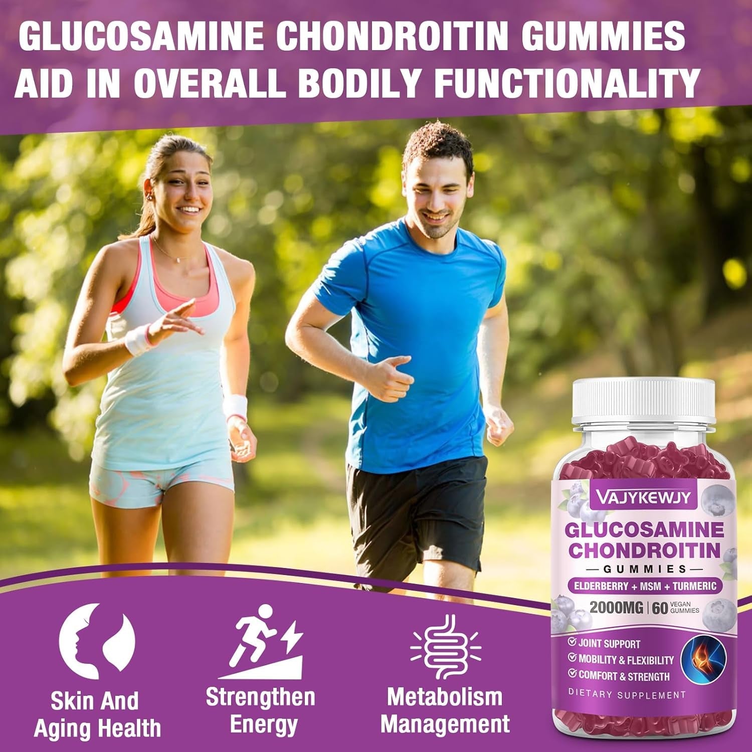 Sugar Free 2000Mg Glucosamine Chondroitin Gummies, Extra Strength Glucosamine with Chondroitin MSM & Turmeric, Joint Support Supplement, Antioxidant Immune Support - 60 Gummies