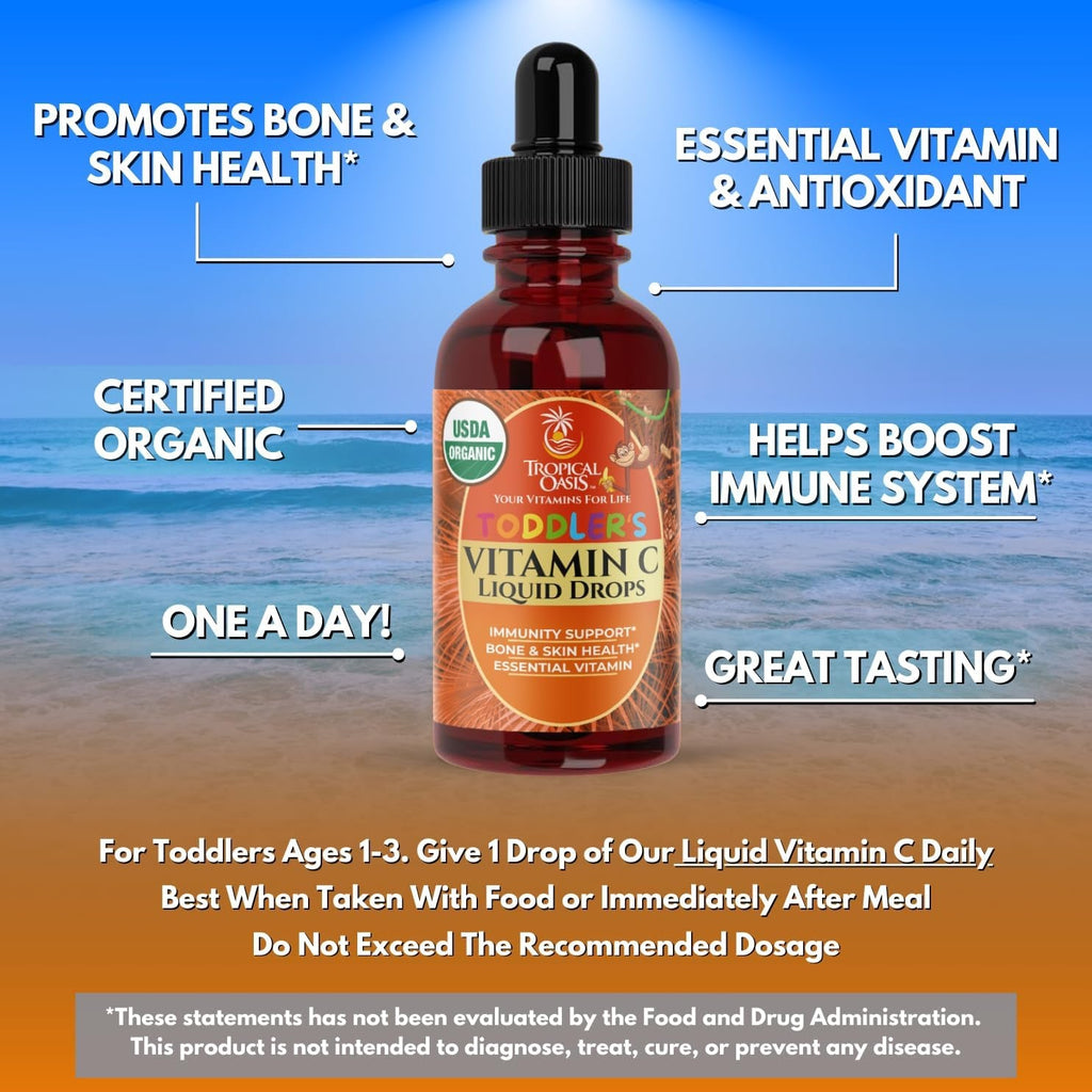 USDA Organic Toddler Vitamin C Drops | Organic Vitamin C Liquid Drops for Toddlers & Babies Ages 1-3 Years | Supports Healthy Immune System | Vegan | Non-Gmo | Gluten Free | 60 Servings
