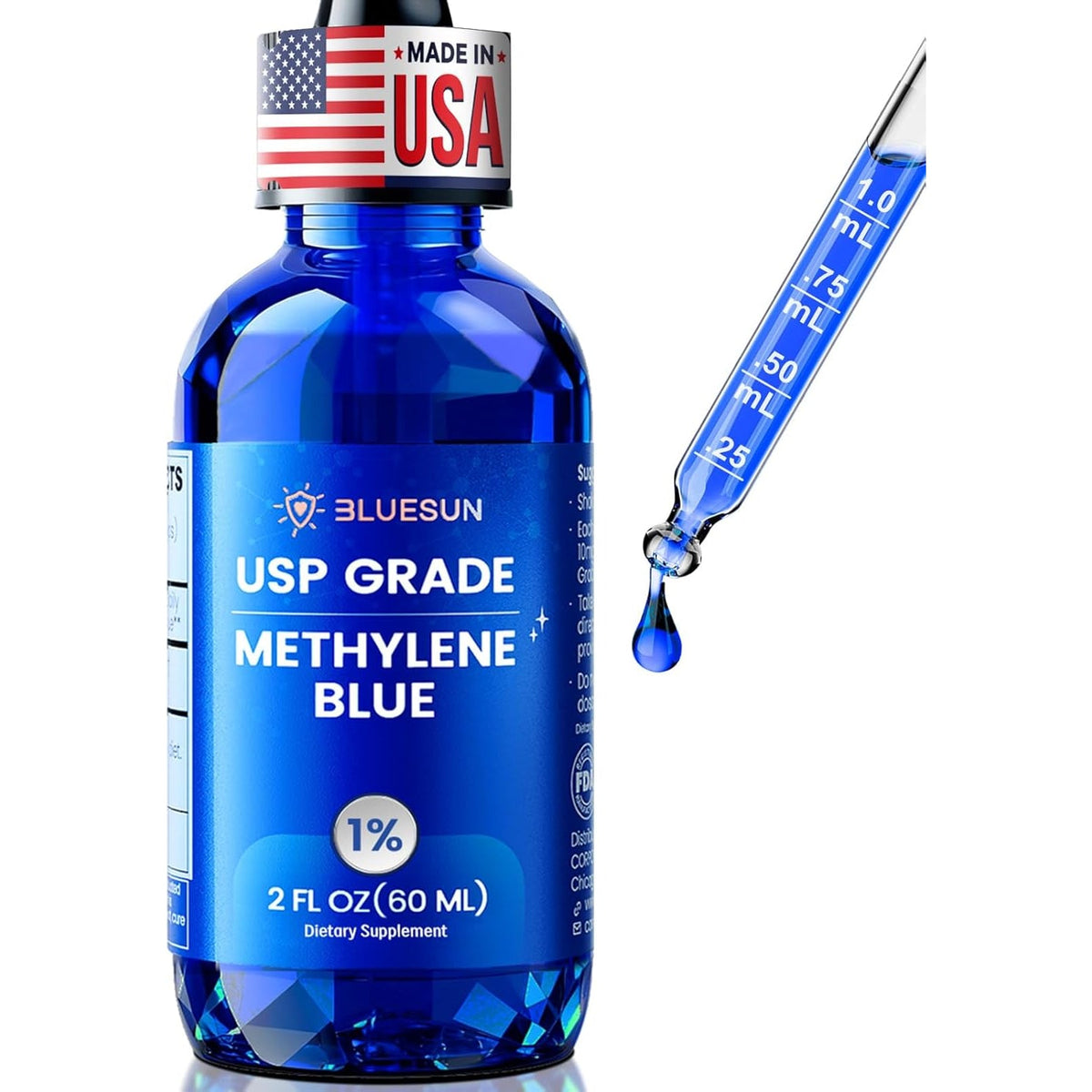 Bluesun Methylene Blue Drops 1% Pharmaceutical Grade - Made in USA, Formaldehyde-Free, Third-Party Tested, USP Purity 99.99%, Gmo-Free, Alcohol-Free - 2 FL OZ (60Ml) in Amber Glass, 10Mg/Ml