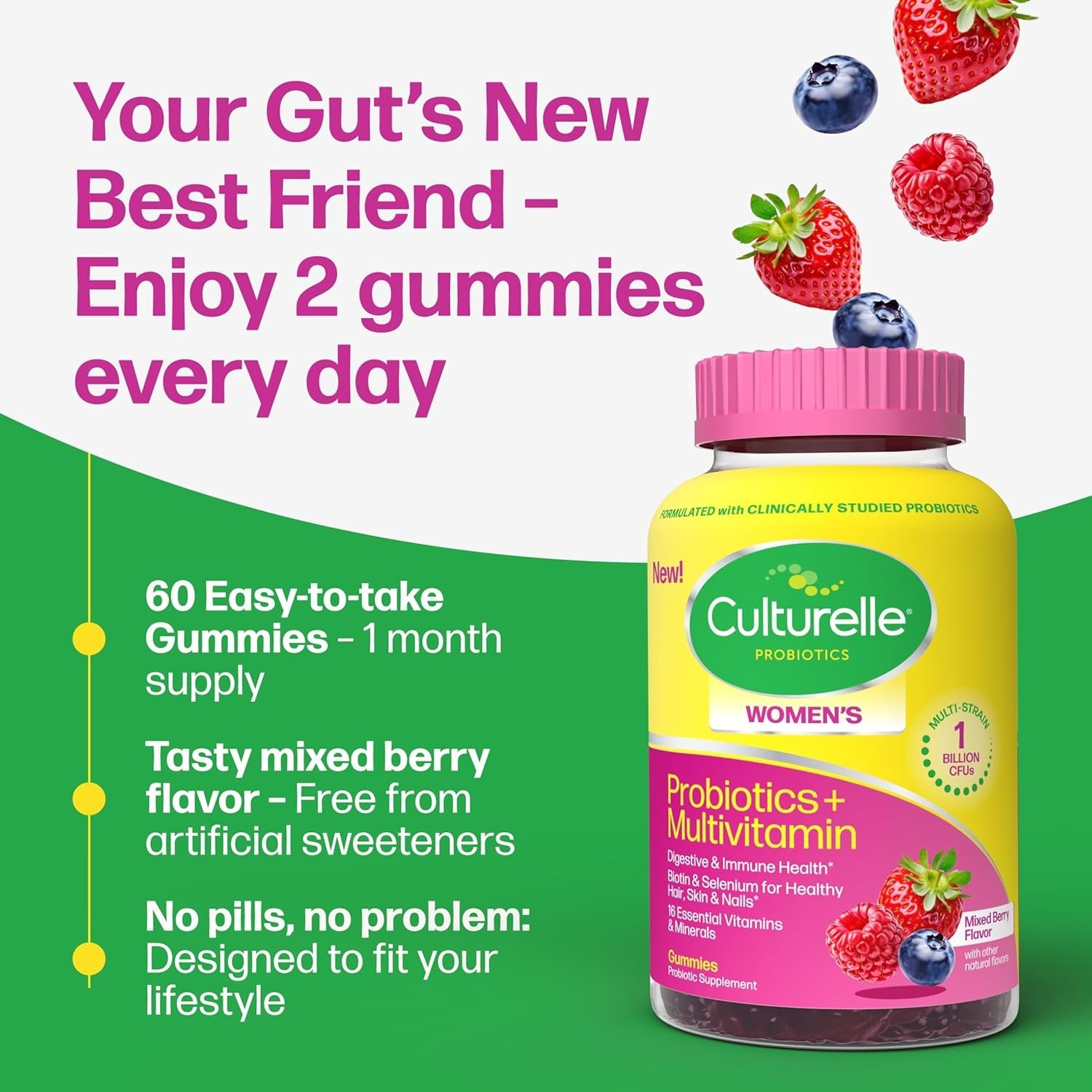 Culturelle® Women’S Probiotics + Multivitamins, Supports Digestive and Immune Health, Biotin & Selenium for Healthy Hair, Skin, Nails – 60 Gummies
