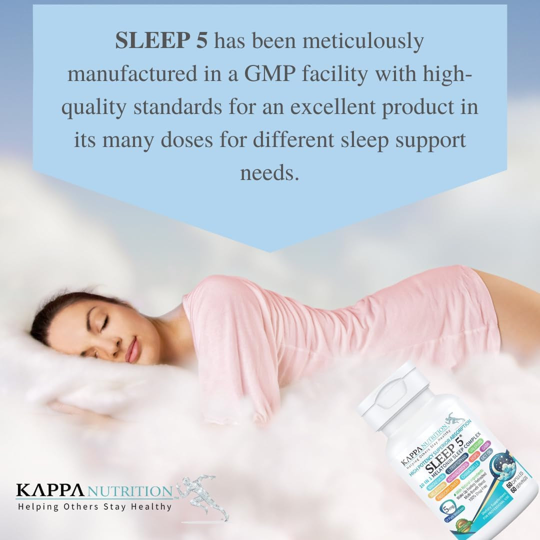 KAPPA NUTRITION Sleep 5, Sleep Aid, 5Mg of Melatonin, 60-Day Supply, Non-Habit Forming Vegan Capsules Natural Ingredients for Easier Bedtime, Herbal Supplement, Valerian Root, Chamomile Non-Gmo