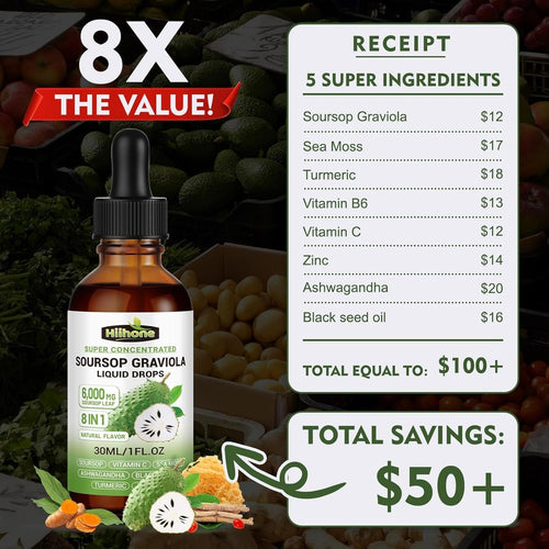 (2 Pack) 8 in 1 Graviola Soursop Leaf Extract Liquid - Soursop Bitters Liquid with Sea Moss, Ashwagandha and Turmeric, for Immune & Liver, Zzz & Antioxidant & Cell Support,1 Fl Oz