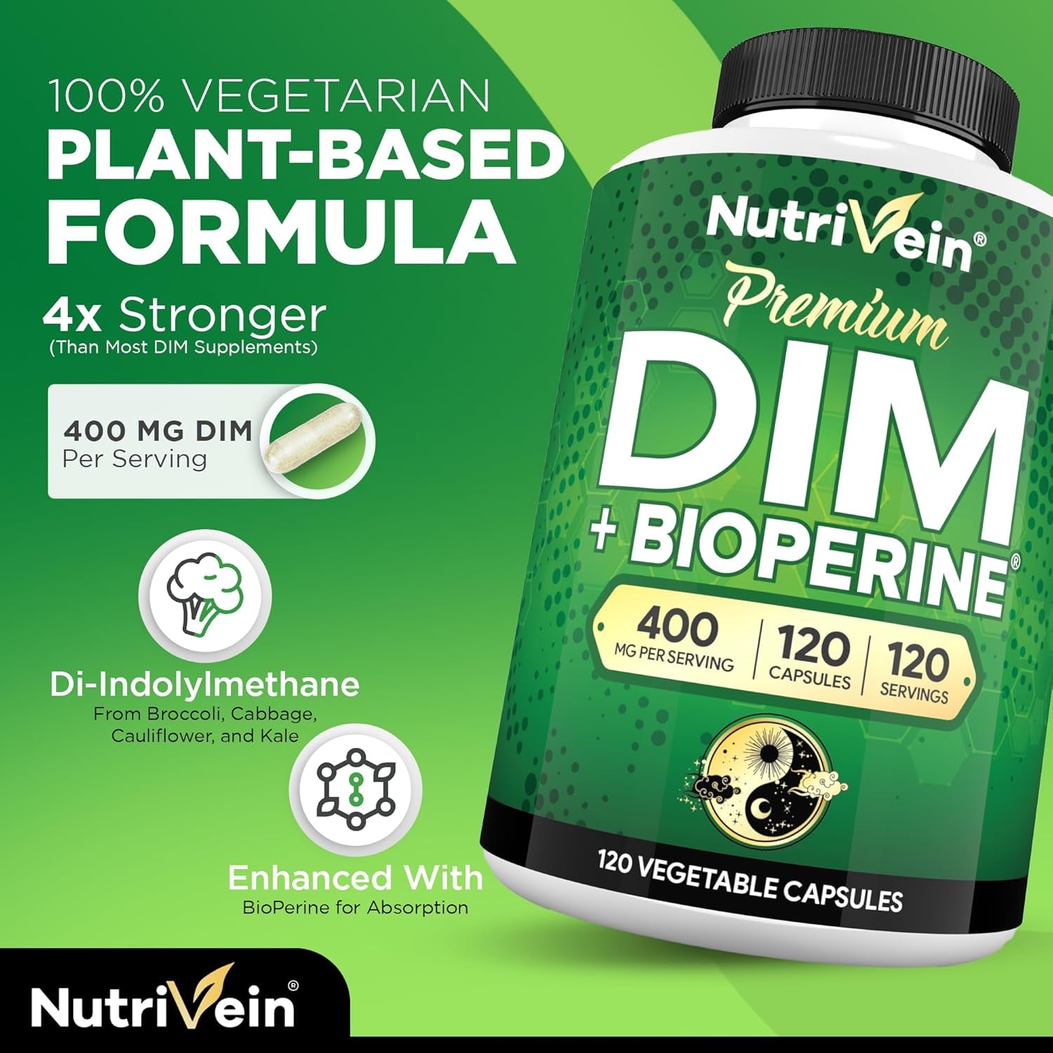 Nutrivein Premium DIM Supplement 400 Mg Daily - 120 Servings (120 Capsules): Diindolylmethane for Women and Men - plus Bioperine - Estrogen Supplement - Menopause and Middle Age Support