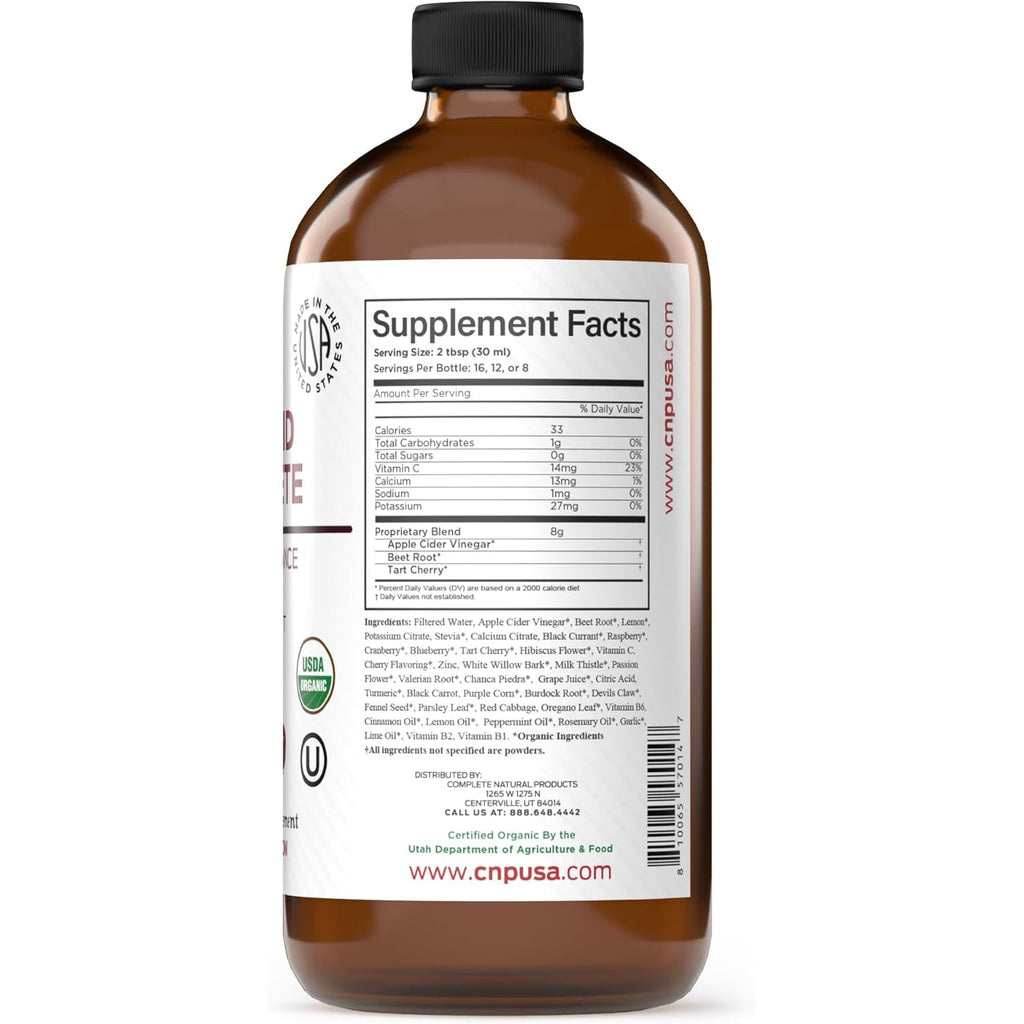 Complete Natural Products Uric Acid Complete - 16Oz Liquid Supplement to Support Uric Acid Cleanse, Kidney Health & Circulation with Apple Cider Vinegar, Tart Cherry, & Beet Root.