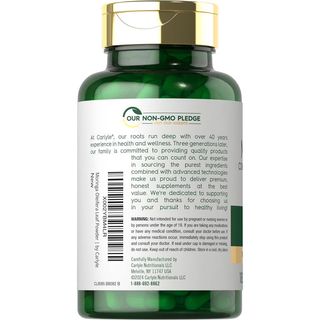 Carlyle Moringa Oleifera Supplement | 180 Capsules | Complete Green Superfood for Women and Men | from Moringa Leaf Powder | Non-Gmo and Gluten Free