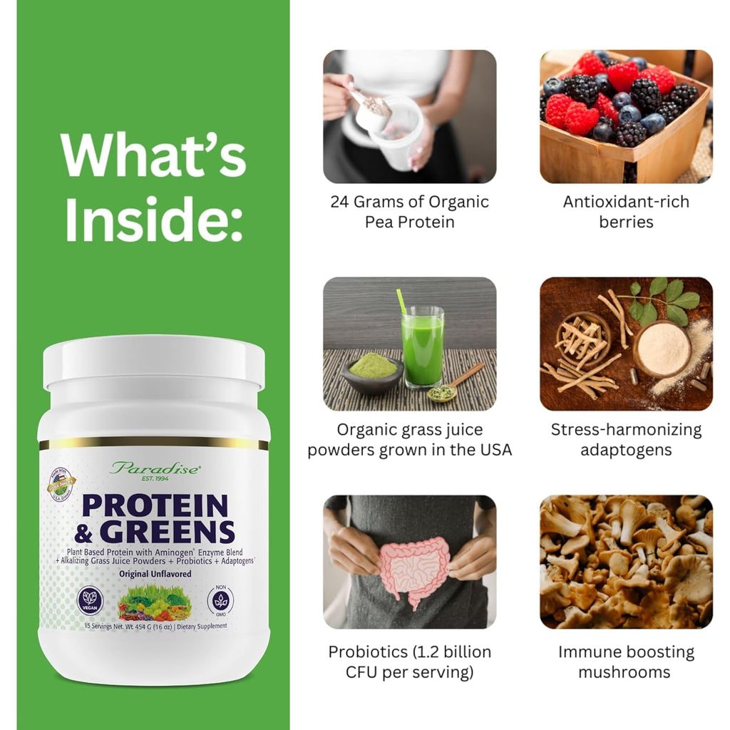 Paradise Herbs ORAC Energy Protein & Greens Powder, Antioxidant Power of 24 Servings of Fruits & Vegetables in 1 Scoop + 20G Protein, Unflavored, 15 Servings