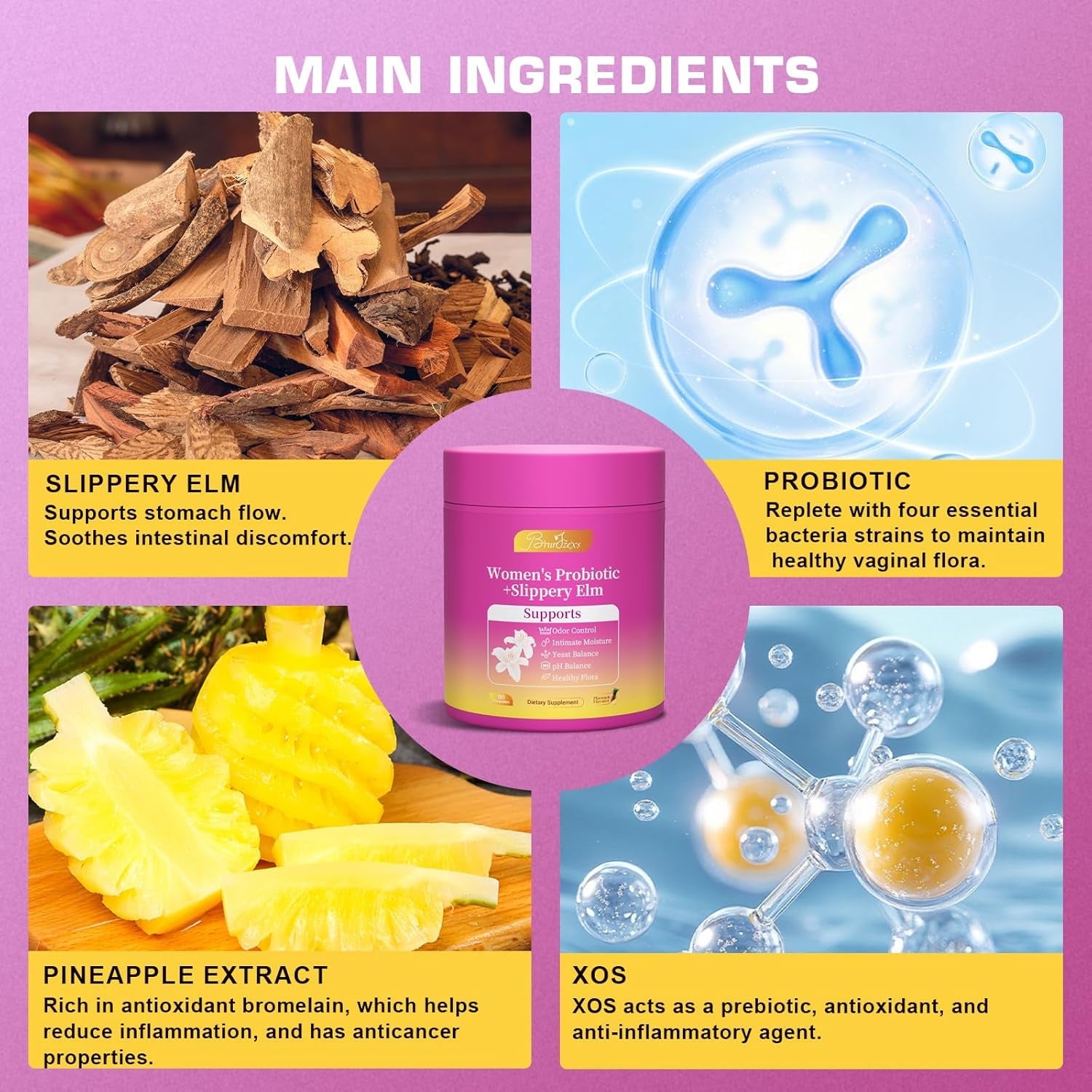Her Juicy Feminine Probiotics Gummies for Women with Slippery Elm - Pineapple Flavor, Ph Balance & Immune Health Support - Digestive & Feminine Support - Vegan Supplement, 60 C
