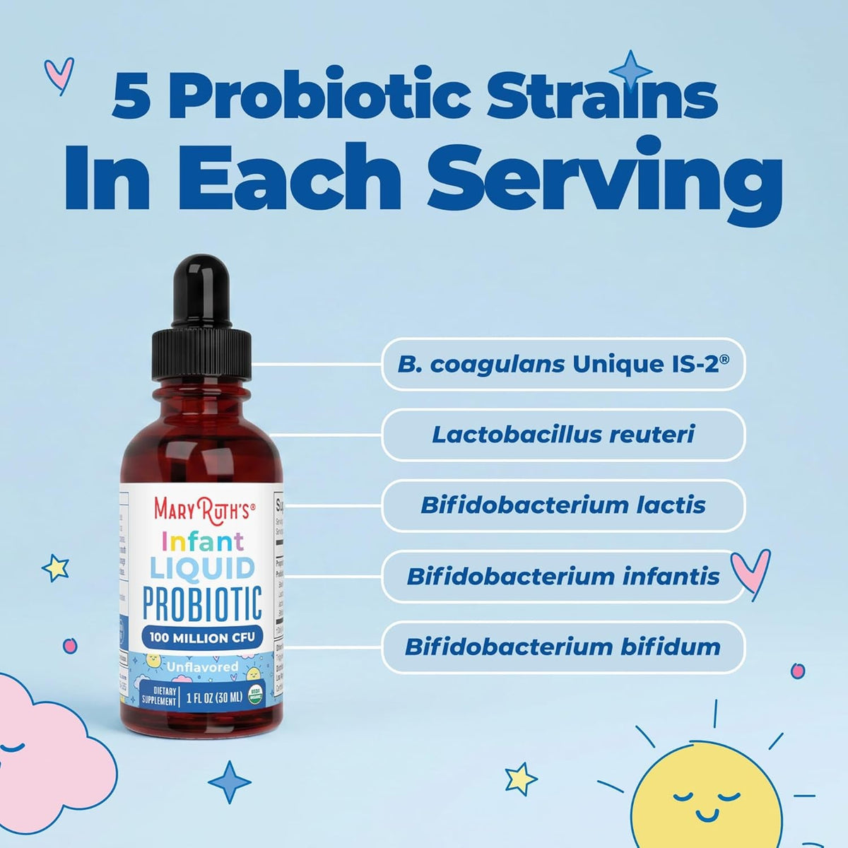 Maryruth'S Organic Infant Liquid Probiotic for Ages 6-12 Months | 100 Million CFU | 5 Probiotic Strains | Probiotics for Infants | Proprietary Probiotic Blend | USDA Organic | Vegan | Unflavored |1 Oz