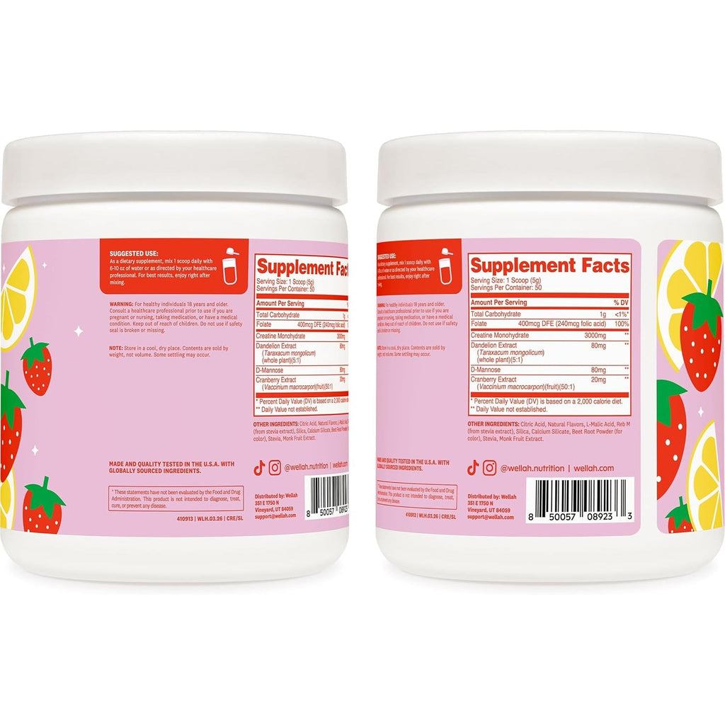 Wellah Creatine for Women - Creatine Monohydrate with Dandelion & Cranberry Extract (50 Servings, Strawberry Lemonade)