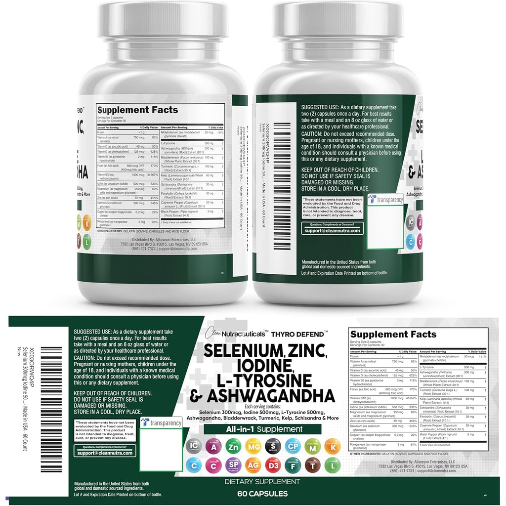 Clean Nutra Selenium 300Mcg Iodine 500Mcg Thyroid Support for Women & Men | L Tyrosine 500Mg Ashwagandha Supplement Bladderwrack, Turmeric, Kelp, Schisandra Zinc Pills Capsule Supplements
