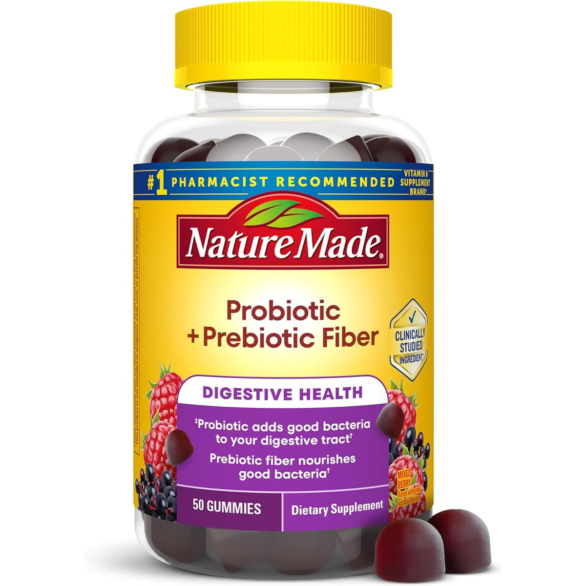 Nature Made Probiotic + Prebiotic Fiber Gummies for Daily Gut Health, Fiber Supplement with Probiotics for Digestive Health Support, 50 Gummies, 25 Day Supply