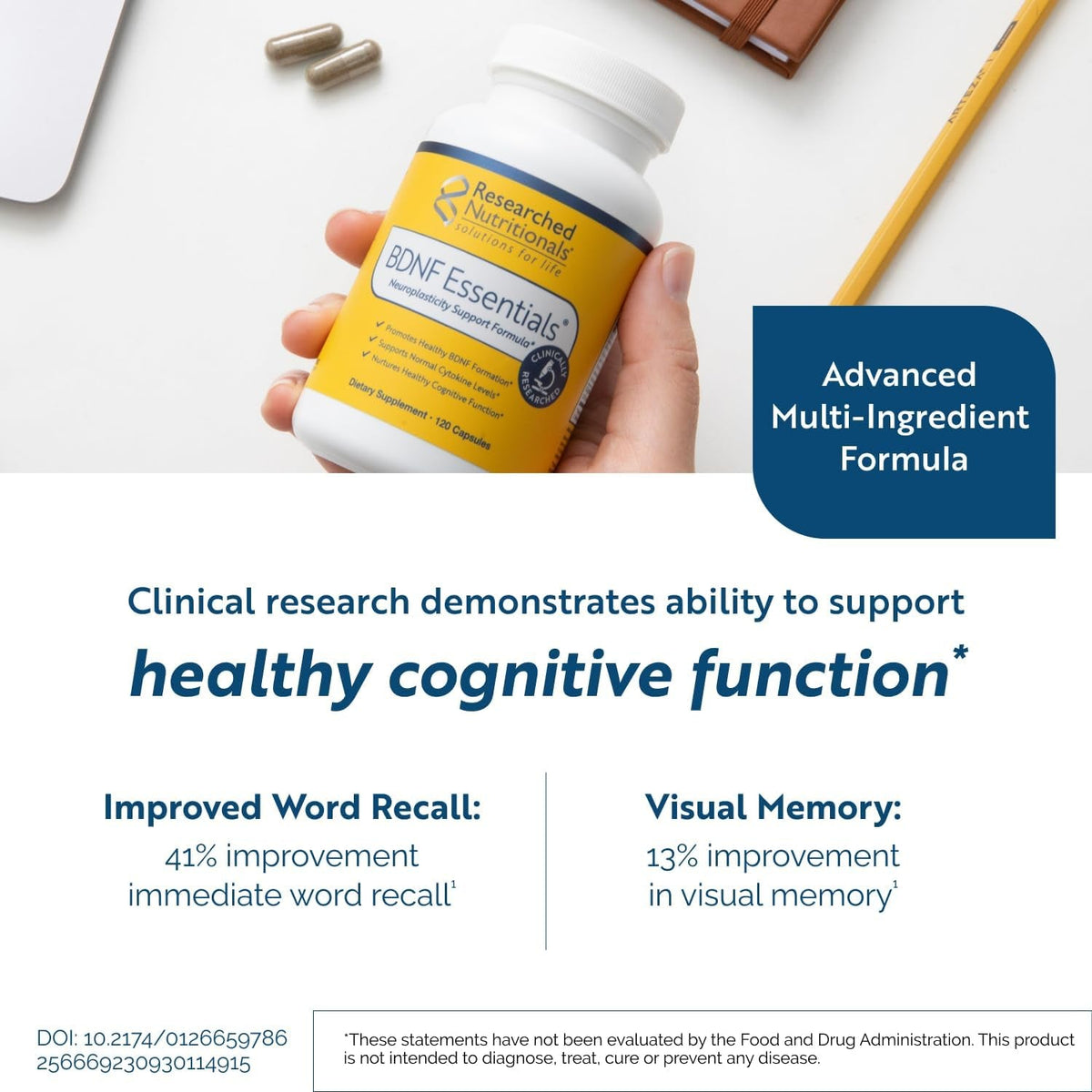 Researched Nutritionals BDNF Essentials - Clinically Researched Brain Supplement with Bacopa Monnieri & Lions Mane Mushroom - Supports Neuroplasticity, & Healthy Cortisol Levels, 120 Capsules