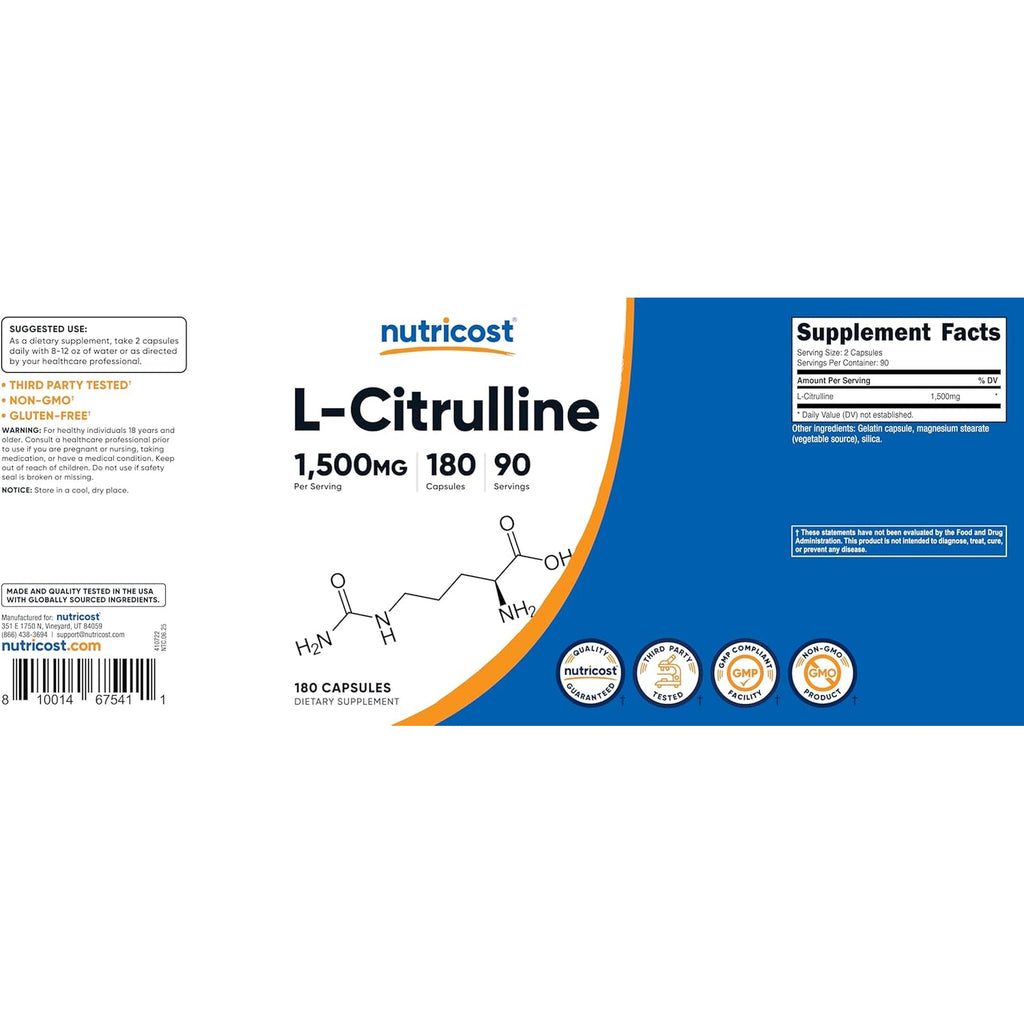 Nutricost L-Citrulline 1500Mg, 180 Capsules - 750Mg per Capsule, Gluten Free, Non-Gmo, Packaging May Vary