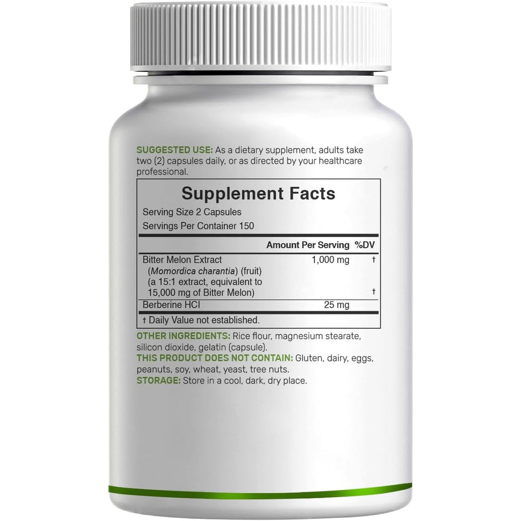 Bitter Melon with Berberine Supplement 15,000Mg per Serving, 300 Capsules | 15:1 Wild Bitter Melon Fruit Extract & Berberine HCL | Third Party Tested | Plant Based, Non-Gmo
