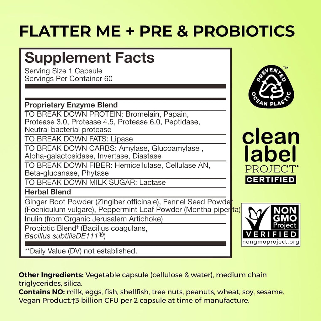 HUM Flatter Me Digestive Enzymes plus Prebiotics & Probiotics, Digestive Health Bloating Supplement for Women & Men, Fast Acting anti Bloat Pills Multi Enzyme for Debloating, Vegan, 60 Capsules