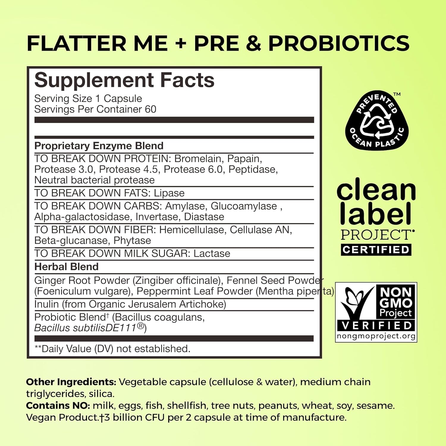 HUM Flatter Me Digestive Enzymes plus Prebiotics & Probiotics, Digestive Health Bloating Supplement for Women & Men, Fast Acting anti Bloat Pills Multi Enzyme for Debloating, Vegan, 60 Capsules