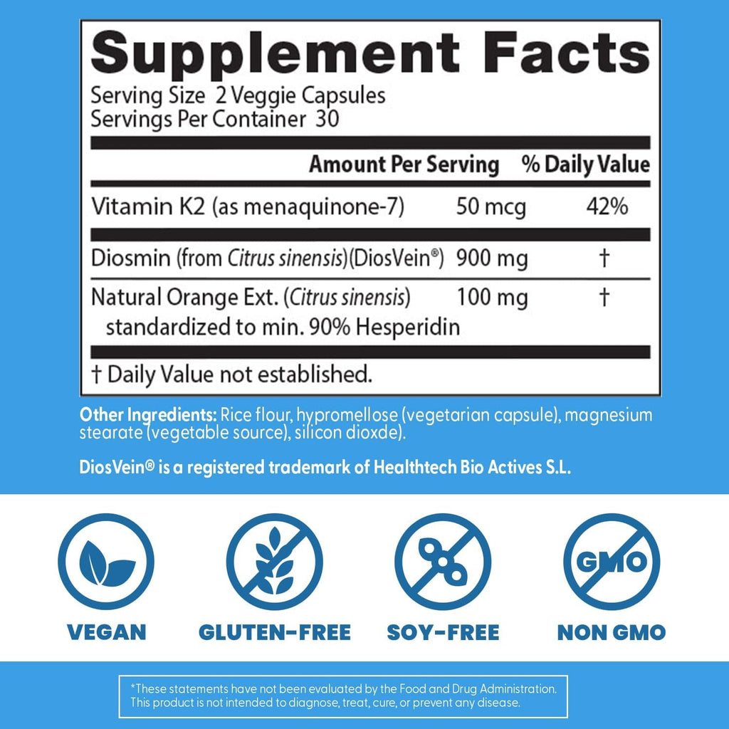 Doctor'S Best Vein Support Supplement - Contains Diosmin & Hesperidin, Circulation Support for Legs & Feet, for Men & Women, Formula with Vitamin K2 & Natural Orange Extract, Vegan - 60 Veg Caps