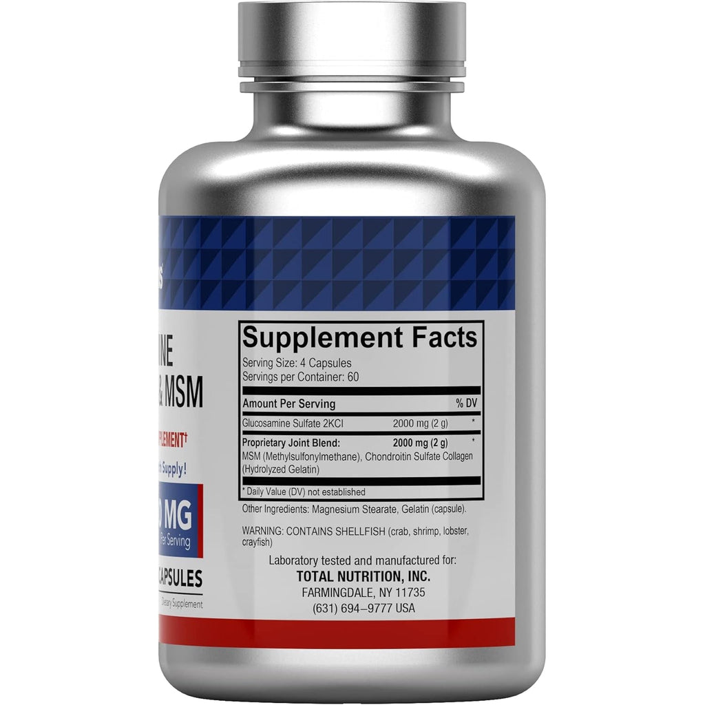 Tnvitamins Glucosamine Chondroitin MSM Capsules, 240 Count | 4,000 Mg per Serving | 2,000 Mg Glucosamine Sulfate 2Kcl + 2,000 Mg MSM & Chondroitin Blend | Joint Support Supplement