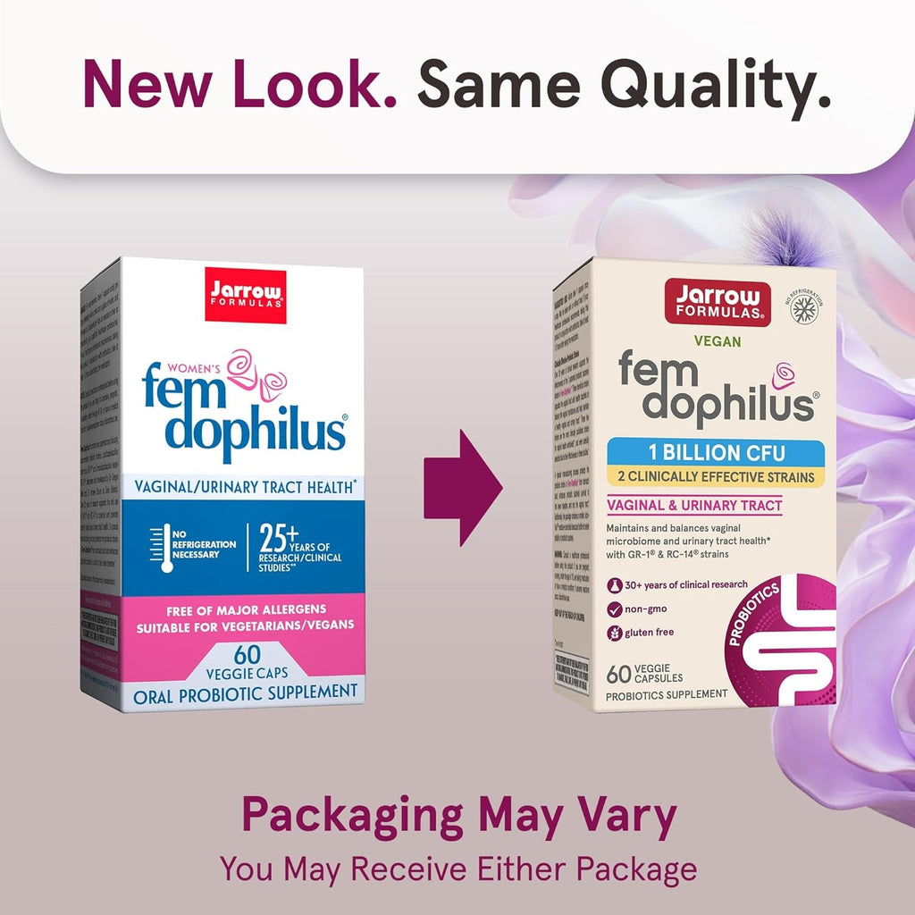 Jarrow Formulas Fem-Dophilus Vaginal Probiotics 1 Billion CFU with 2 Science-Backed Strains, Dietary Supplement for Vaginal & Urinary Tract Support, 60 Capsules, 60 Day Supply, Shelf-Stable Probiotics