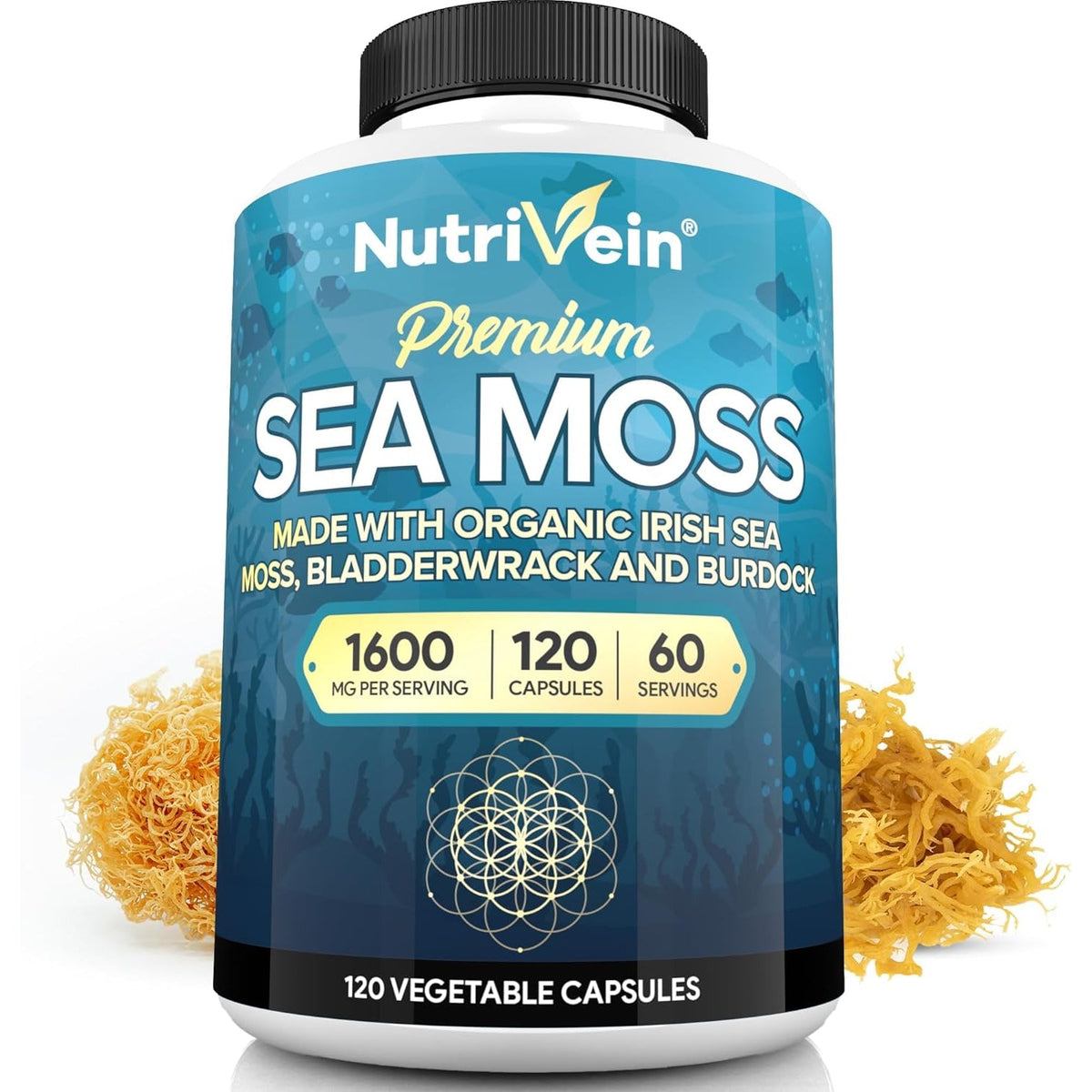 Nutrivein Organic Sea Moss 1600Mg plus Bladderwrack & Burdock - 120 Caps for Adults - Prebiotic Super-Food - Immune System & Digestive Health - Thyroid, Skin, Keto Detox, Gut, Joint Support