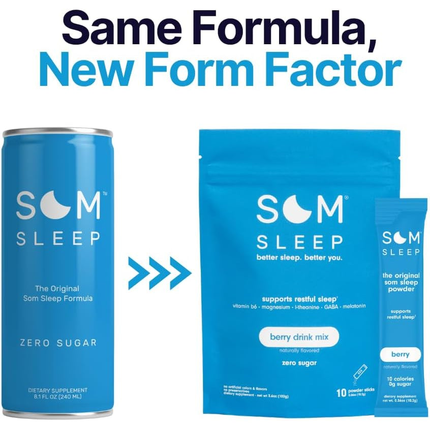 Som Sleep, Calm Sleep Nighttime Powder Drink Mix, Melatonin 3Mg, Magnesium, Vitamin B6, L-Theanine & GABA – Vegan, Zero Sugar – Berry, 10-Pack