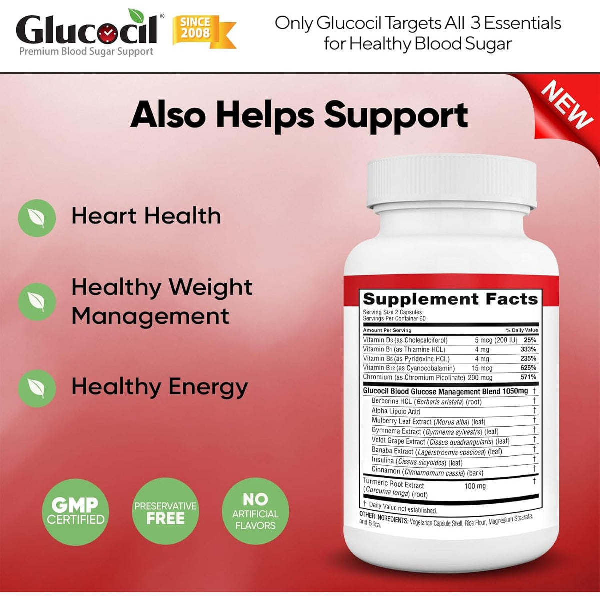 Glucocil – Vegetarian Capsules - Premium Blood Sugar Support - Supports the 3 Essentials for Healthy Blood Sugar - with Berberine, Proprietary Mulberry Leaf, and More
