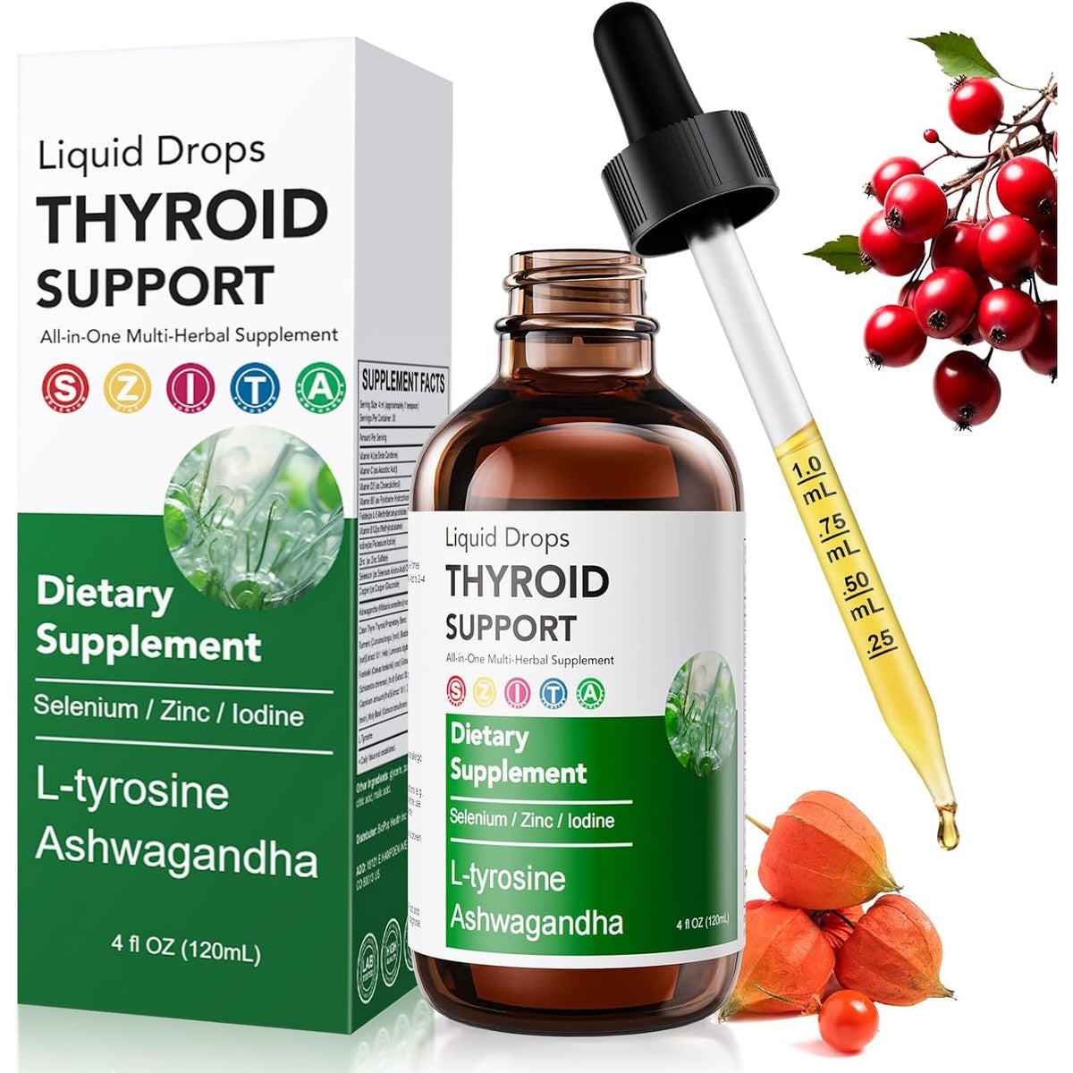Actora Thyroid Support Liquid Drops, Kindled Thyroid Support Drops with Selenium Zinc Lodine L-Tyrosine Ashwagandha for Hormone Balance - Mood & Energy Supplement - 4 Fl. Oz. (120Ml)
