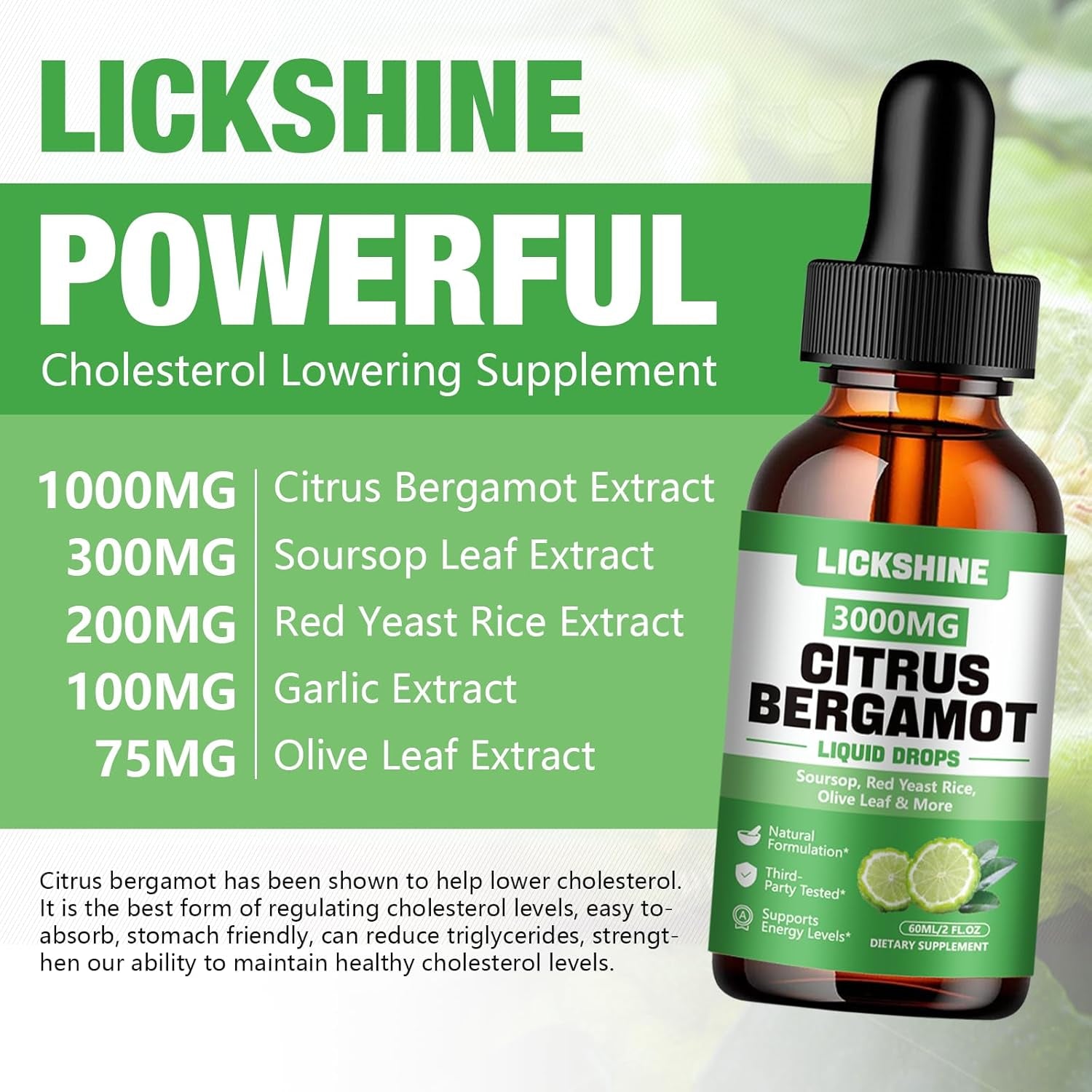 Lickshine 2 Pack 3000Mg Citrus Bergamot Liquid Drops - High Absorption - Cholesterol Lowering Supplement for Immune Support Anti-Aging, Hight Cholesterol - Soursop Bitters Liquid, 4 Fl Oz